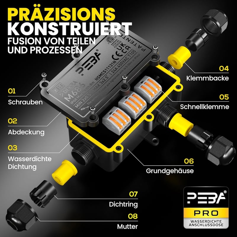 PEBA IP68 Vízálló Elosztódoboz Kábel Csatlakozó 4-12mm Kültéri Fekete