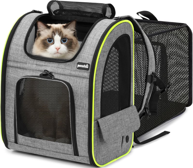 Rucsac extensibil pecute XL pentru câini și pisici 6-10 kg, geantă de transport pliabilă pentru animale de companie cu plasă de ventilație, sistem de siguranță cu fermoar, gri