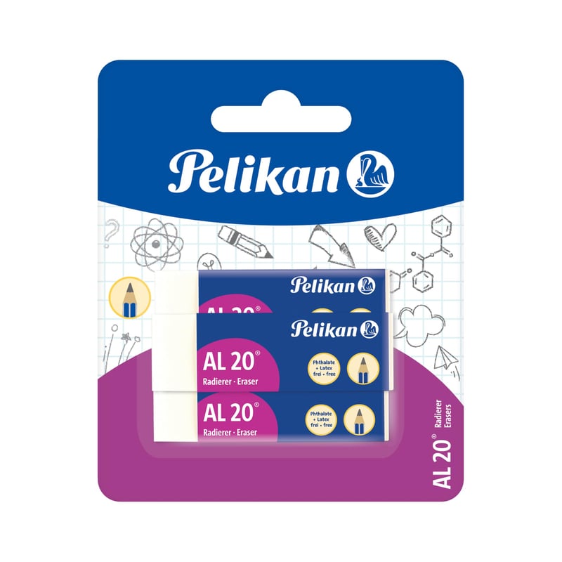 Pelikan AL20 Műanyag Radír, 6,5x1,2x2,1 cm, fehér, 3 db-os csomag