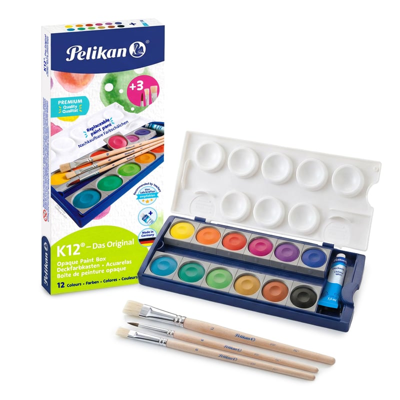 Set de acuarele Pelikan K12 cu 12 culori, tempera albă și 3 pensule