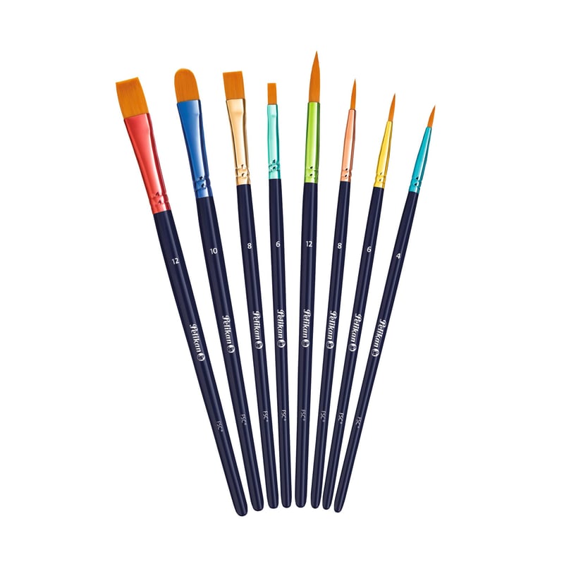 Set de pensule școlare premium Pelikan – 4 pensule cu păr moale și 4 pensule cu peri aspri, set de 8 bucăți