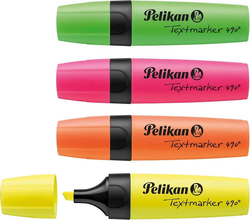 Set de markere fluorescente Pelikan 490 – 4 bucăți, culori neon, vârf teșit, cerneală lavabilă, pentru școală și studiu