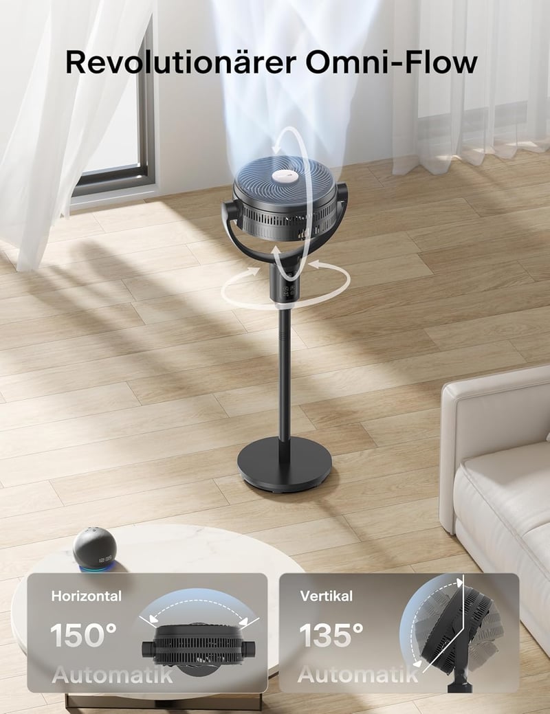 PELONIS 135° Oszcilláló Okos Álló Ventilátor, Csendes DC Motor, 9 Fokozat, 36-110cm Magasság