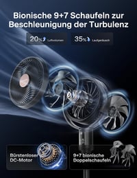 PELONIS 135° Oszcilláló Okos Álló Ventilátor, Csendes DC Motor, 9 Fokozat, 36-110cm Magasság 3