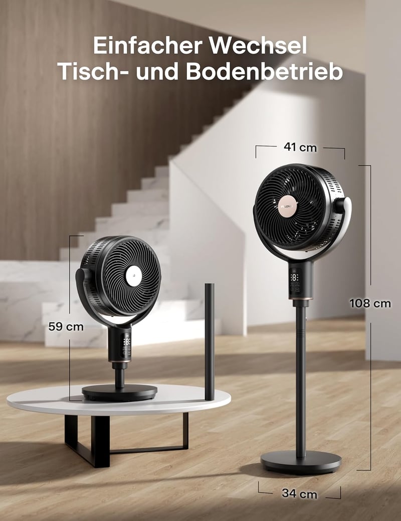 PELONIS 135° Oszcilláló Okos Álló Ventilátor, Csendes DC Motor, 9 Fokozat, 36-110cm Magasság