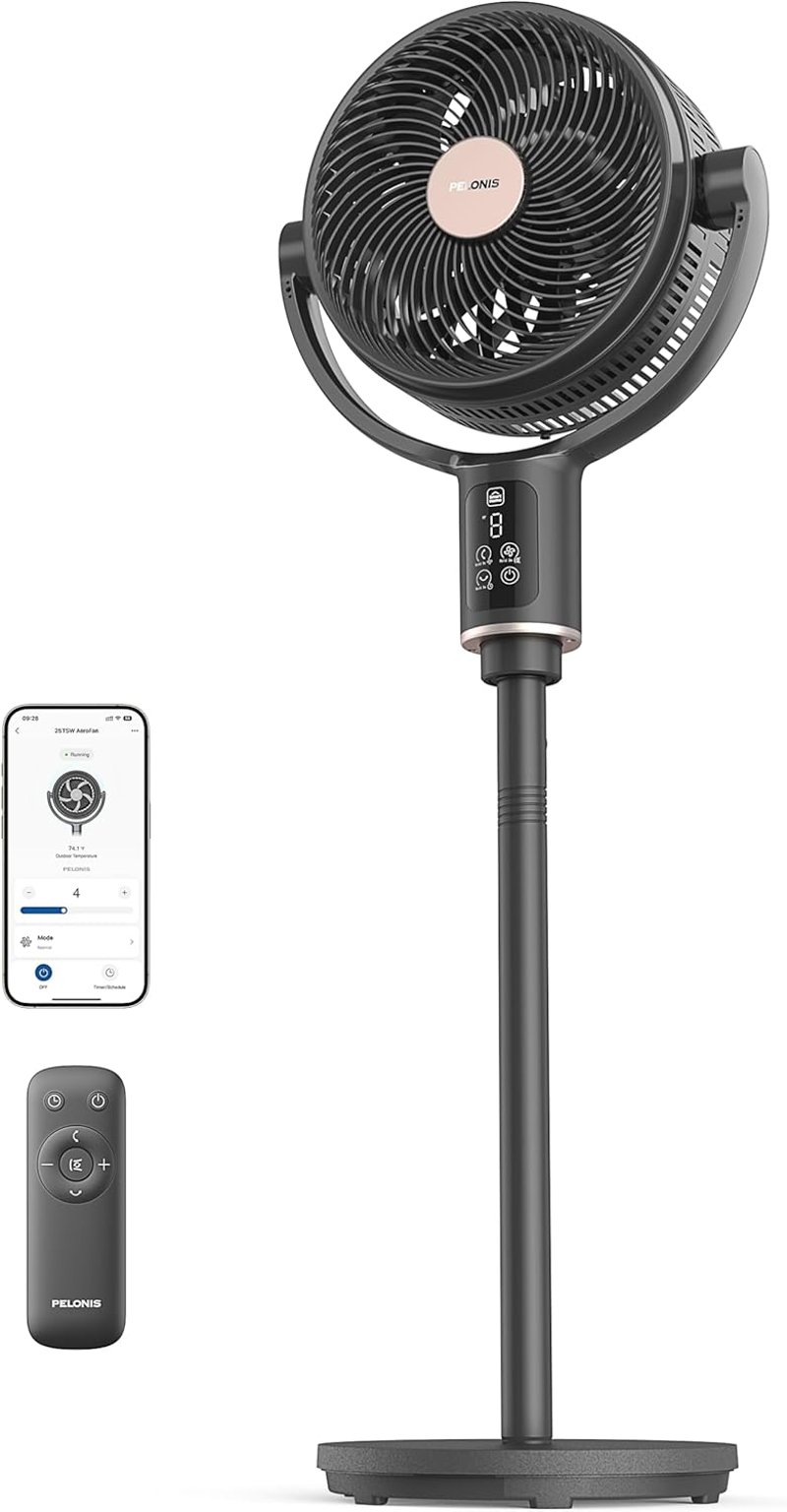 PELONIS 135° Oszcilláló Okos Álló Ventilátor, Csendes DC Motor, 9 Fokozat, 36-110cm Magasság