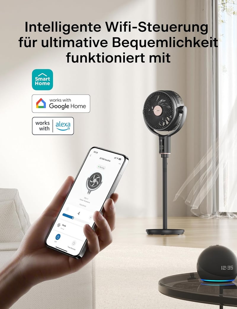 PELONIS 135° Oszcilláló Okos Álló Ventilátor, Csendes DC Motor, 9 Fokozat, 36-110cm Magasság