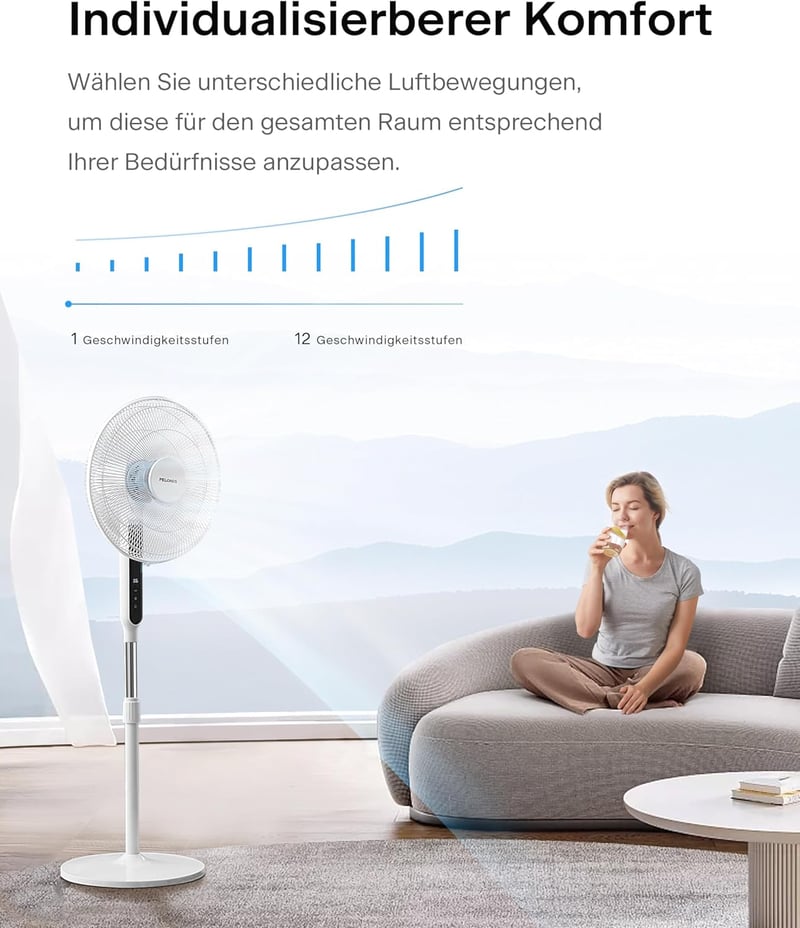 PELONIS 16 hüvelykes állóventilátor távirányítóval, 85° lengéssel, 12 fokozat, időzítő
