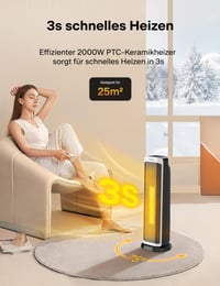Keramický teplovzdušný ventilátor Pelonis 2000 W s diaľkovým ovládaním, rýchly ohrev 3S, režim ECO, oscilácia 75°, nastaviteľný termostat (5-35 °C), 8-hodinový časovač, tichý ohrievač do spálne 2