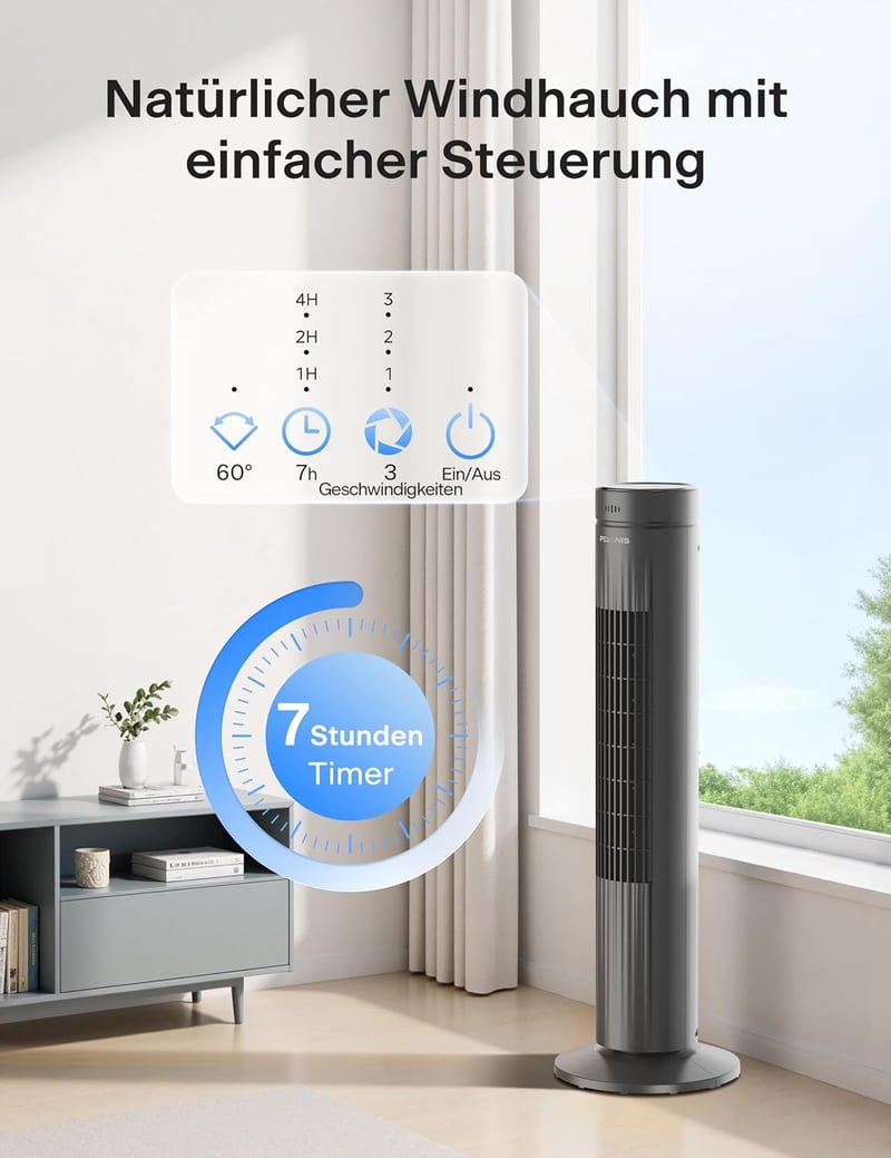 Pelonis csendes torony ventilátor távirányítóval, 3 fokozat, 7 órás időzítő