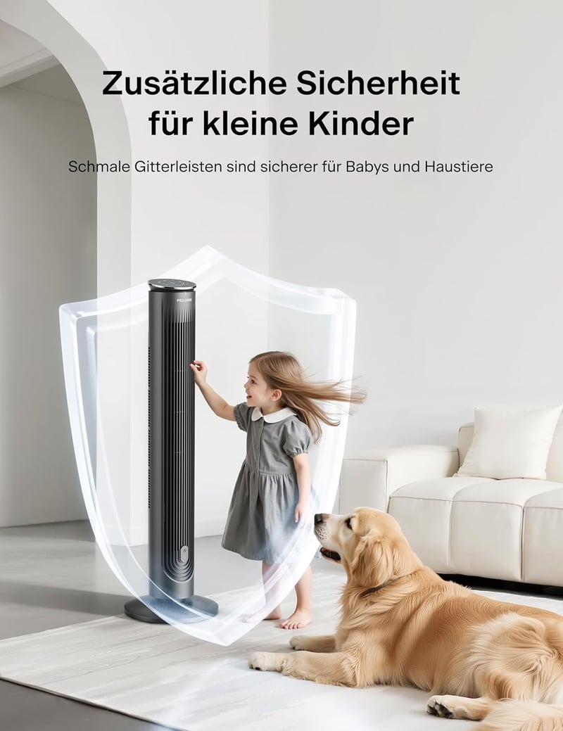 Pelonis Csendes Torony Ventilátor Távirányítóval, 9 Órás Időzítő, 4 Mód 5 Sebesség