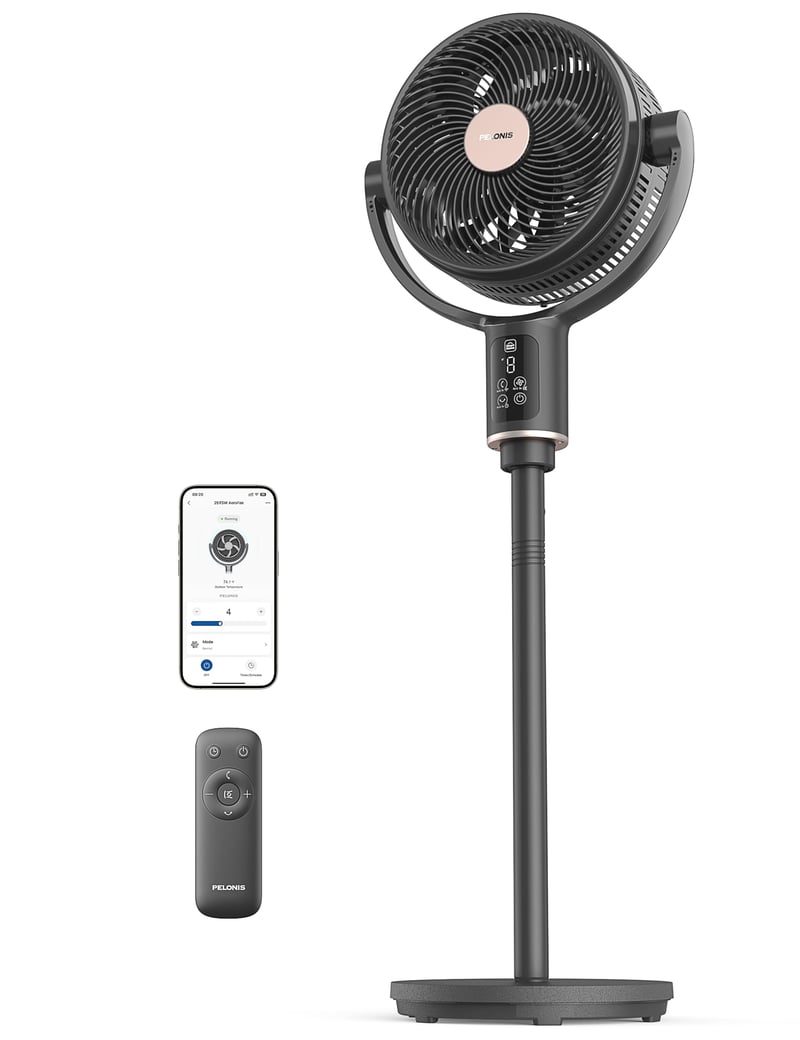 PELONIS pametni samostojeći ventilator s DC motorom, oscilacija 135°, 9 brzina, 36-110 cm - tamnosiva
