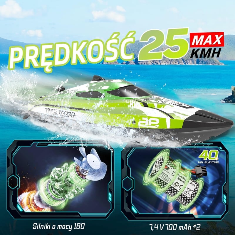 PENGBU RC 25 km/h távirányított hajó LED fénnyel, 2.4 GHz, 40 perc játékidő, zöld - Green