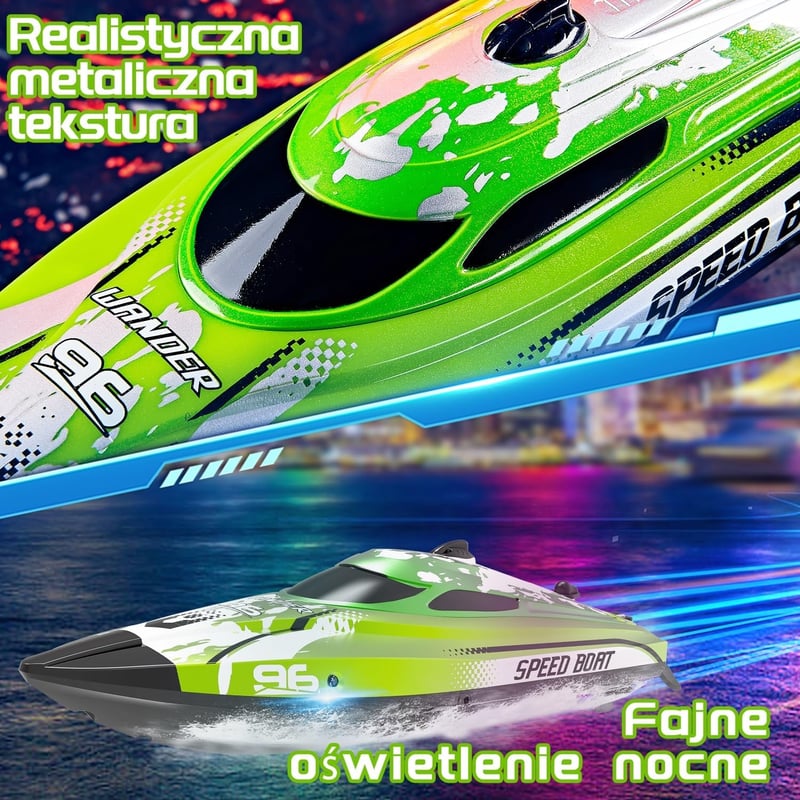 PENGBU RC 25 km/h távirányított hajó LED fénnyel, 2.4 GHz, 40 perc játékidő, zöld - Green