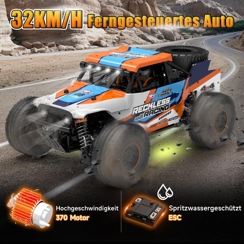 PENGBU RC Távirányítós Terepjáró Autó 32 km/h - 4WD Monster Truck 7 Színű LED Világítással, Pótkerekekkel, 10+ Éves Gyerekeknek és Felnőttek
