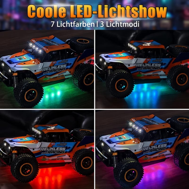 PENGBU RC Távirányítós Terepjáró Autó 32 km/h - 4WD Monster Truck 7 Színű LED Világítással, Pótkerekekkel, 10+ Éves Gyerekeknek és Felnőttek