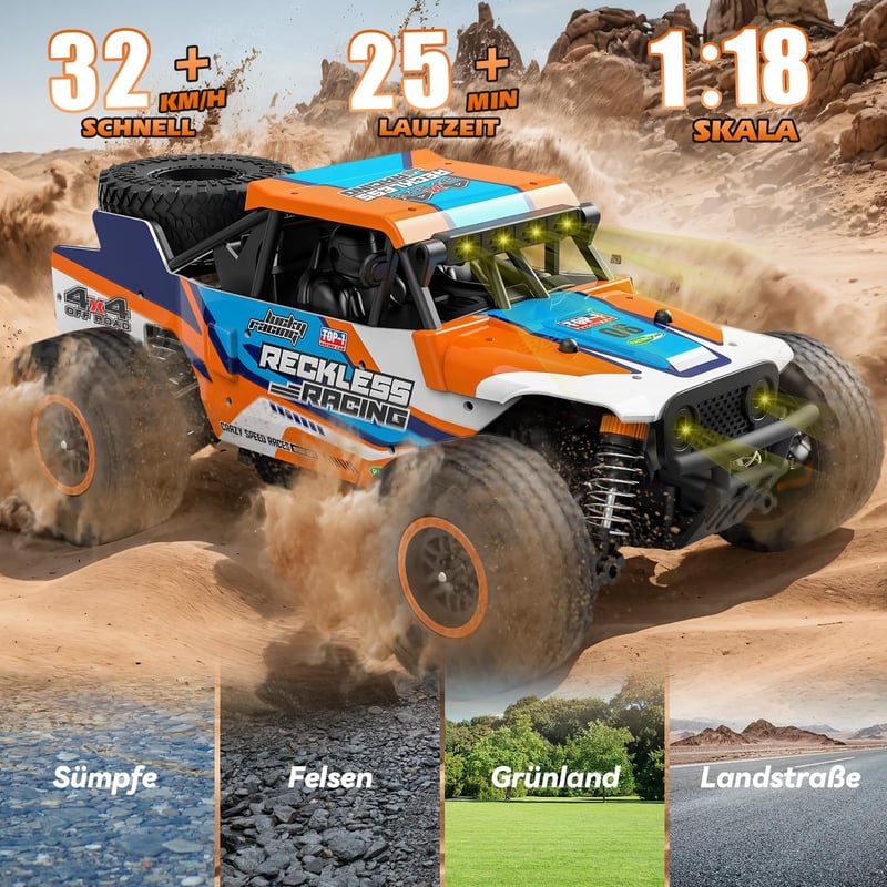 PENGBU RC Távirányítós Terepjáró Autó 32 km/h - 4WD Monster Truck 7 Színű LED Világítással, Pótkerekekkel, 10+ Éves Gyerekeknek és Felnőttek