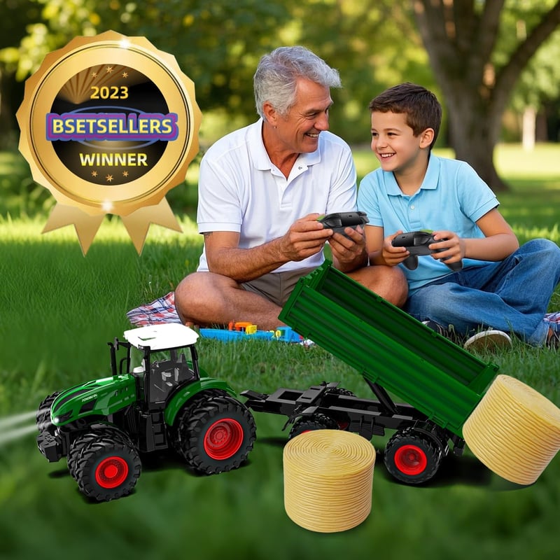 PENGBU RC Távirányítós Traktor Játék Utánfutóval és Világítással, 2.4GHz Távirányító, 3-10 Éves Gyerekeknek, Fejlesztő Játék