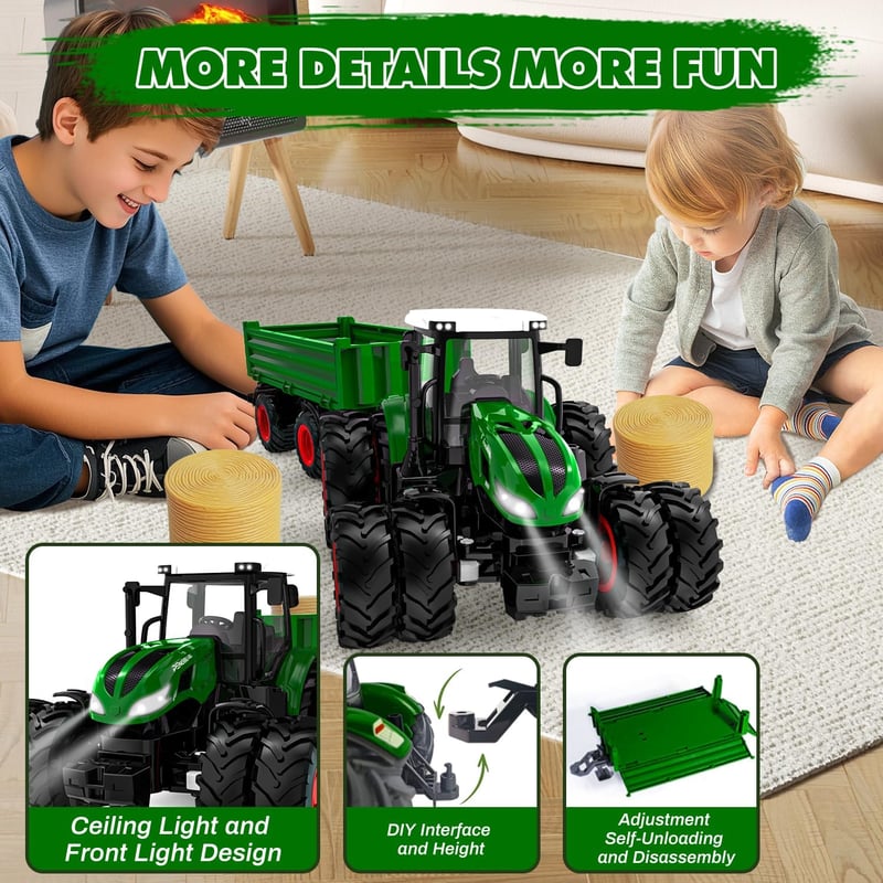 PENGBU RC Távirányítós Traktor Játék Utánfutóval és Világítással, 2.4GHz Távirányító, 3-10 Éves Gyerekeknek, Fejlesztő Játék