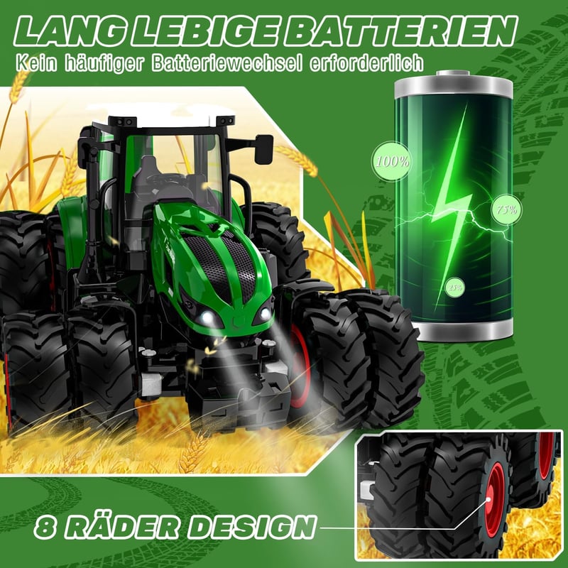 PENGBU RC Távirányítós Traktor Játék Utánfutóval és Világítással, 2.4GHz Távirányító, 3-10 Éves Gyerekeknek, Fejlesztő Játék