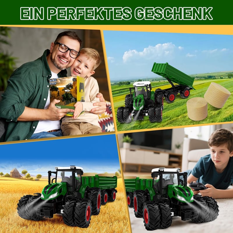 PENGBU RC Távirányítós Traktor Játék Utánfutóval és Világítással, 2.4GHz Távirányító, 3-10 Éves Gyerekeknek, Fejlesztő Játék