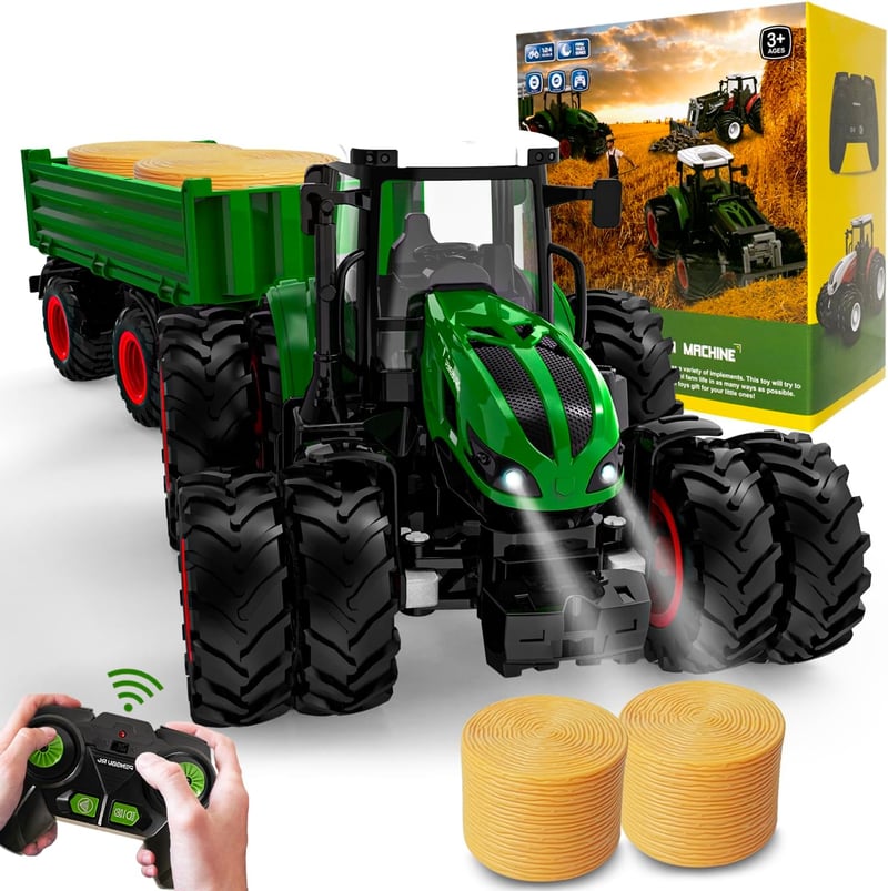 PENGBU RC Távirányítós Traktor Játék Utánfutóval és Világítással, 2.4GHz Távirányító, 3-10 Éves Gyerekeknek, Fejlesztő Játék
