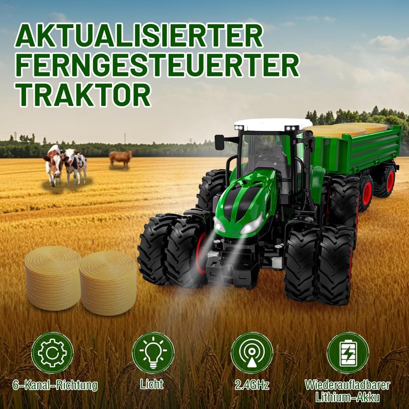 PENGBU RC Távirányítós Traktor Játék Utánfutóval és Világítással, 2.4GHz Távirányító, 3-10 Éves Gyerekeknek, Fejlesztő Játék