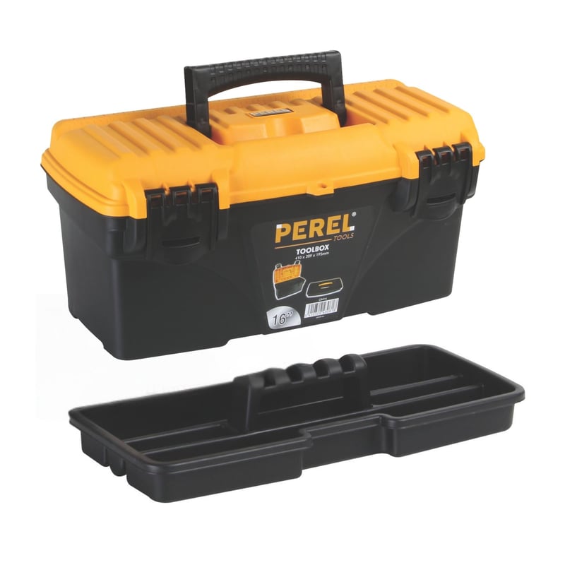 Kufor na náradie Perel 16,7 l s vyberateľnou priehradkou, z polypropylénu, so sklopnou rukoväťou a zámkom, 41 x 20,9 x 19,5 cm