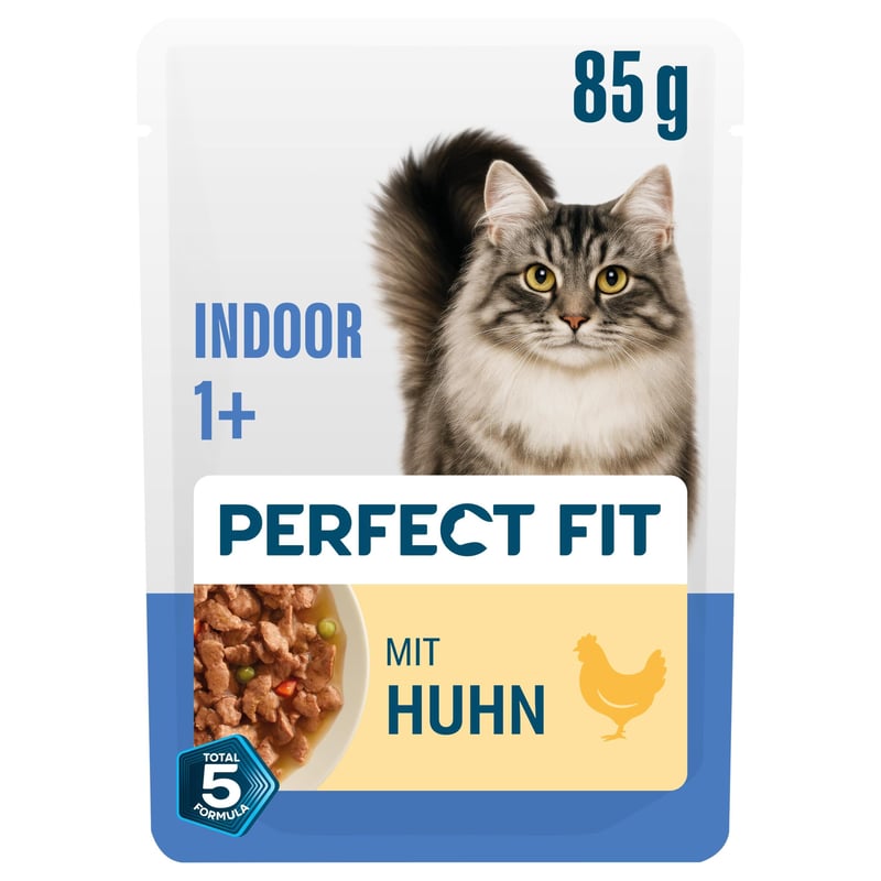Perfect Fit Indoor 1+ Hrană umedă pentru pisici, Pliculețe 12 x 85 g, Pui și Legume în Sos – Pachet de 12 bucăți