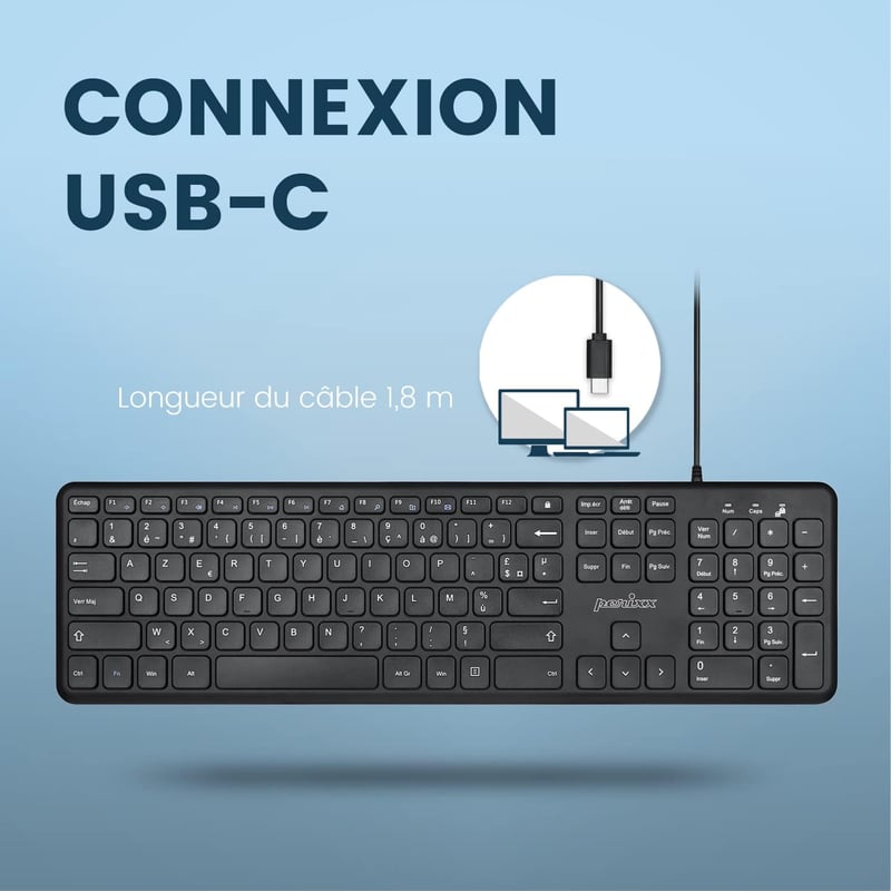 Perixx PERIBOARD-210C USB-C Vezetékes Billentyűzet AZERTY Fekete