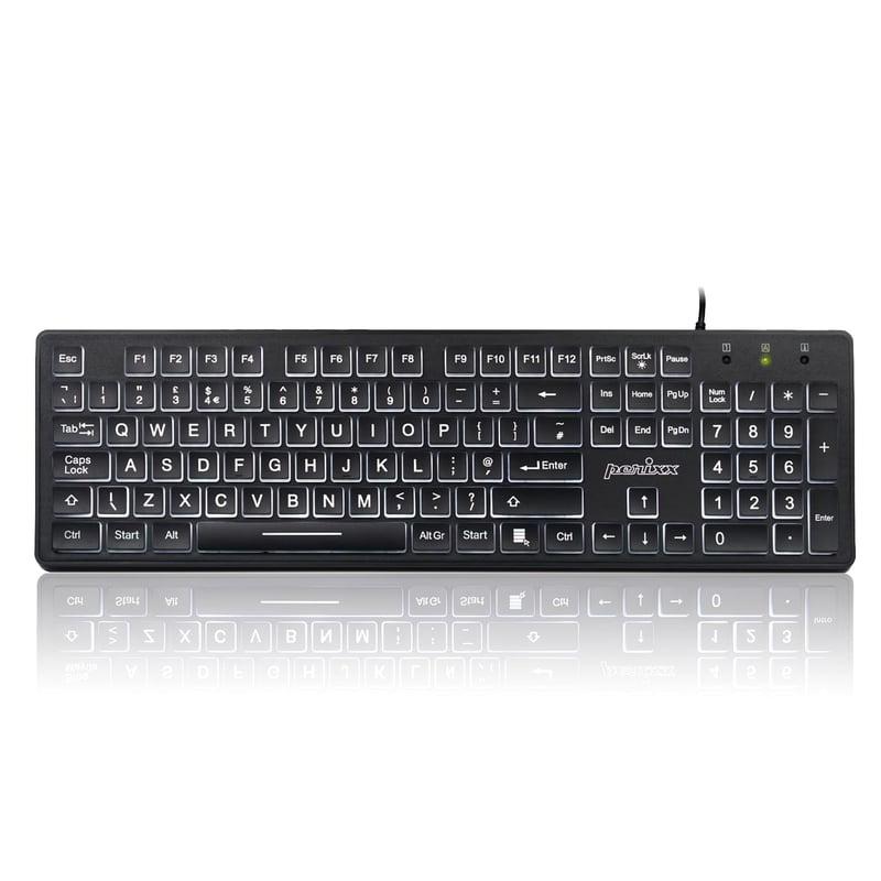 Káblová USB klávesnica Perixx PERIBOARD-317, biele LED podsvietenie, UK QWERTY – čierna
