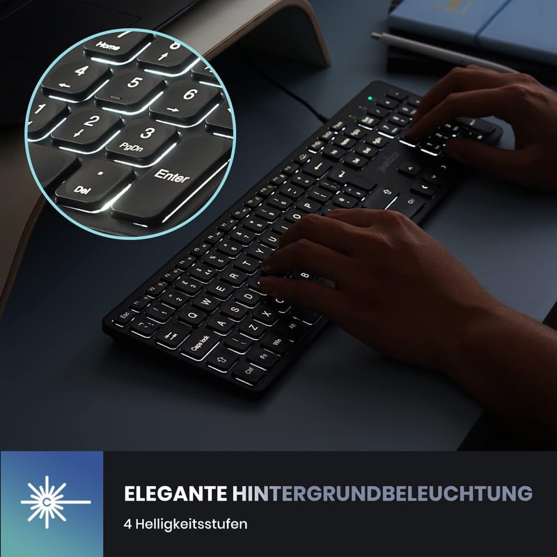 Perixx PERIBOARD-331 Vezetékes USB Billentyűzet, Vékony Dizájn, Nagy Betűs, Fehér Háttérvilágítás, Német Kiosztás