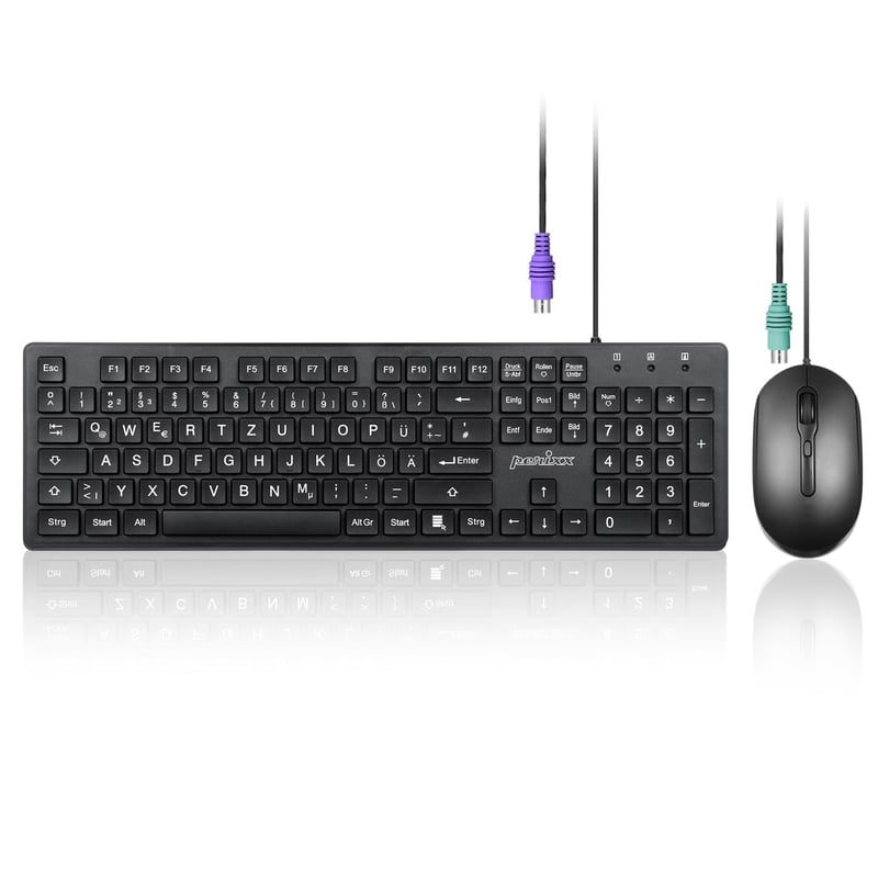 Perixx PERIDUO-117P PS/2 Žičani Set Tipkovnice i Miša - Njemački QWERTZ Raspored - Optički Miš s 3 Gumba - 1,8m Kabel - Crni - Windows