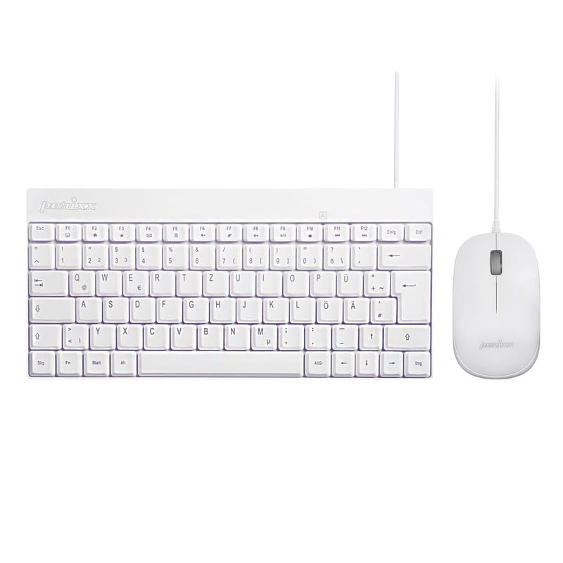 Perixx PERIDUO-212 Kompaktná mini klávesnica a myš, USB káblová, nemecké rozloženie kláves, biela, 1000 DPI, kompatibilná s Windows