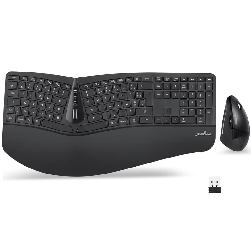 Perixx Periduo-605 Ergonomická Bezdrôtová Klávesnica a Myš - Vertikálna Myš so Sklopným Kolieskom, Nastaviteľnou Podložkou Zápästia, Wi