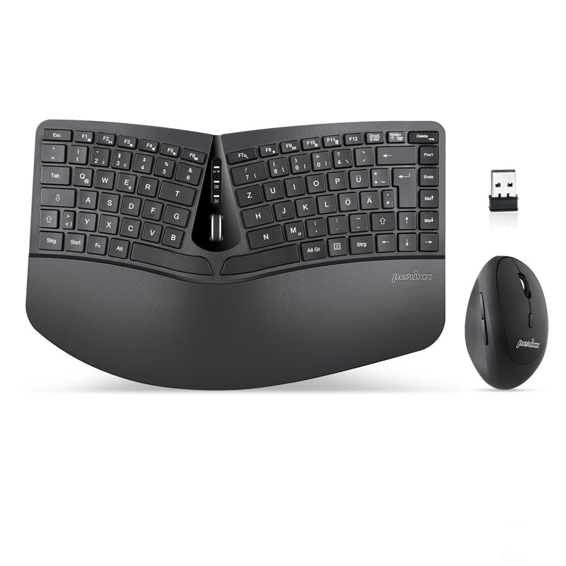 Perixx Periduo-606 Ergonomická Bezdrôtová Klávesnica QWERTZ a Vertikálna Myš Set – Rozdelená Klávesnica, 4-Smerové Koliesko, Nastaviteľné Zápästie