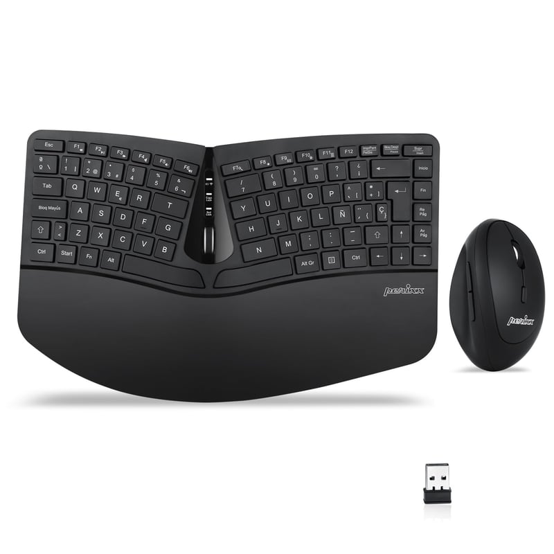Set tastatură și mouse vertical ergonomic wireless compact Perixx Periduo-606, suport pentru încheietură reglabil, taste cu profil redus, layout spaniol