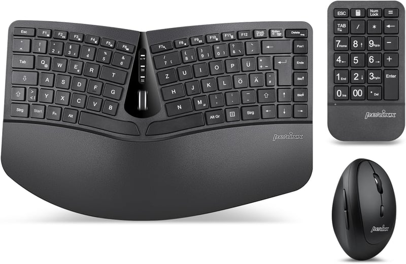 Perixx PERIDUO-606A 3 az 1-ben vezeték nélküli ergonomikus billentyűzet, függőleges egér és számbillentyűzet - QWERTZ