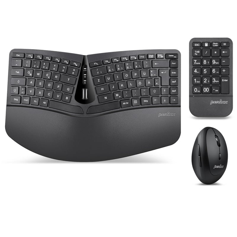 Perixx PERIDUO-606A 3 az 1-ben vezeték nélküli ergonomikus billentyűzet, függőleges egér és számbillentyűzet - QWERTZ