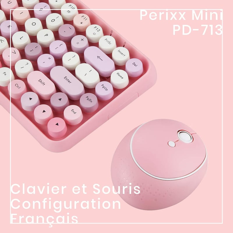 Perixx Periduo-713 Wireless Billentyűzet és Egér Szett USB 2.4GHz Retro Pastel Rózsaszín