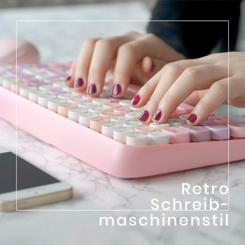 Perixx Periduo-713 Wireless Mini Billentyűzet és Egér Szett, Retro Typewriter Design, Rózsaszín QWERTZ