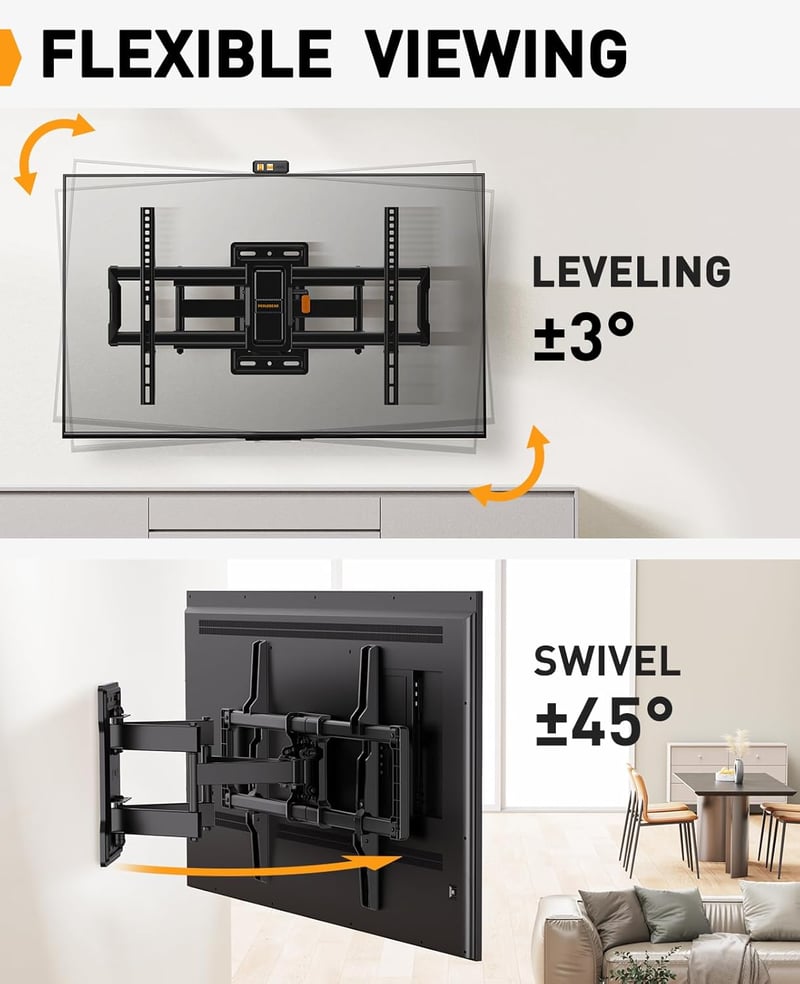 Perlegear fekete TV fali konzol dönthető és forgatható 42-86 hüvelykes lapos és ívelt képernyőkhöz max VESA 600x400, 60 kg-ig