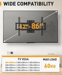 Perlegear fekete TV fali konzol dönthető és forgatható 42-86 hüvelykes lapos és ívelt képernyőkhöz max VESA 600x400, 60 kg-ig 2