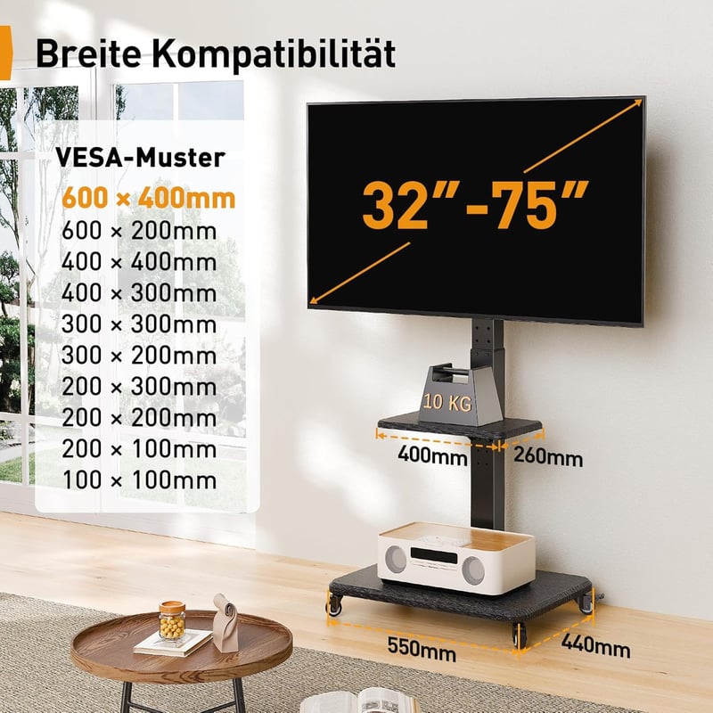 PERLEGEAR Mobil TV Állvány 32-75 Colos Tévéhez, Dönthető Forgó Görgős Tartó, Max 50kg, VESA 600x400
