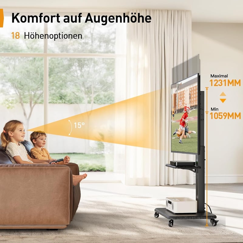 PERLEGEAR Mobil TV Állvány 32-75 Colos Tévéhez, Dönthető Forgó Görgős Tartó, Max 50kg, VESA 600x400
