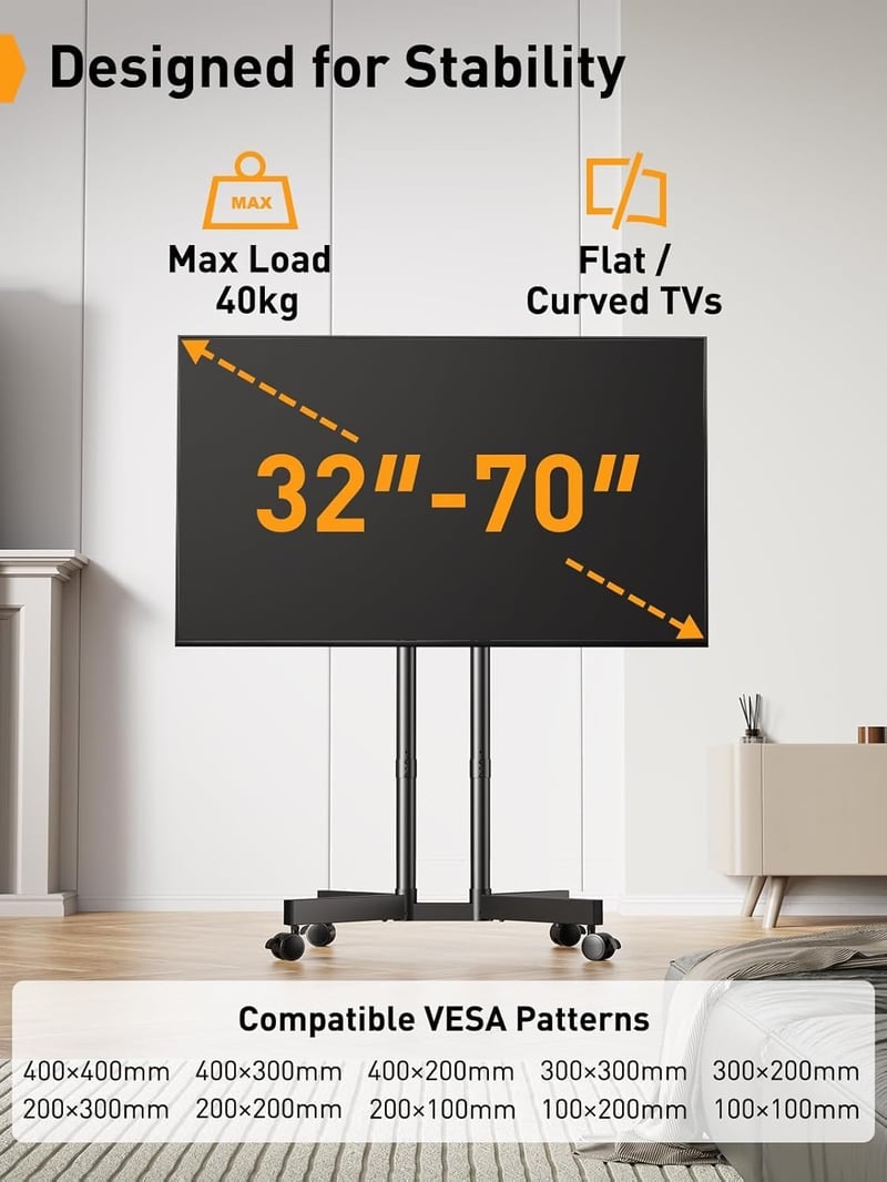 Perlegear mobil TV állvány kerekeken, 32-70 colos tévékhez, magasságállítható