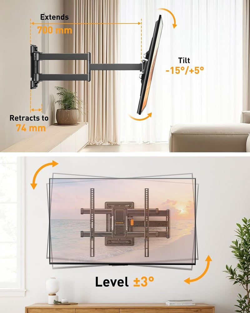 Perlegear Mozgatható TV Fali Tartó 32-65 Colos Tévéhez, 60kg Terhelhetőség, ±90° Forgatható