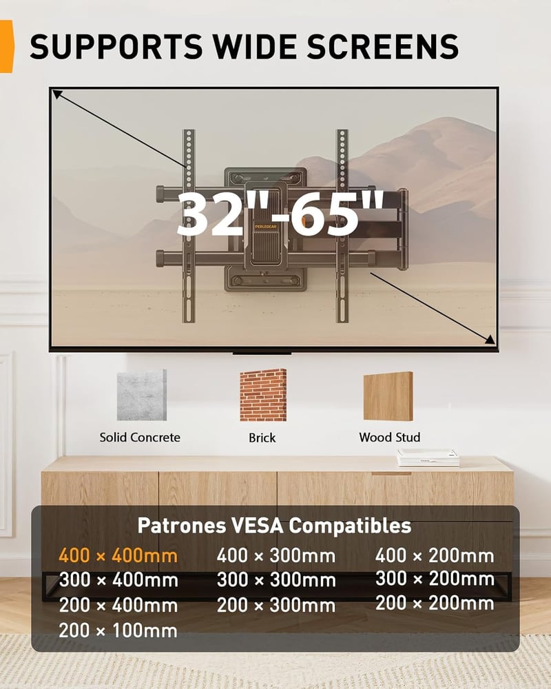 Perlegear Mozgatható TV Fali Tartó 32-65 Colos Tévéhez, 60kg Terhelhetőség, ±90° Forgatható