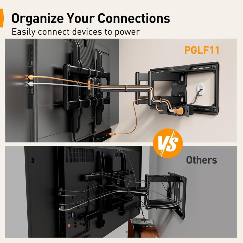 Perlegear PGLF11 fekete teljesen mozgatható TV fali konzol tápkábellel 42-90 hüvelykig, 68 kg, VESA 600x400, döntés forgás kihúzás