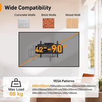 Perlegear PGLF11 fekete teljesen mozgatható TV fali konzol tápkábellel 42-90 hüvelykig, 68 kg, VESA 600x400, döntés forgás kihúzás 2